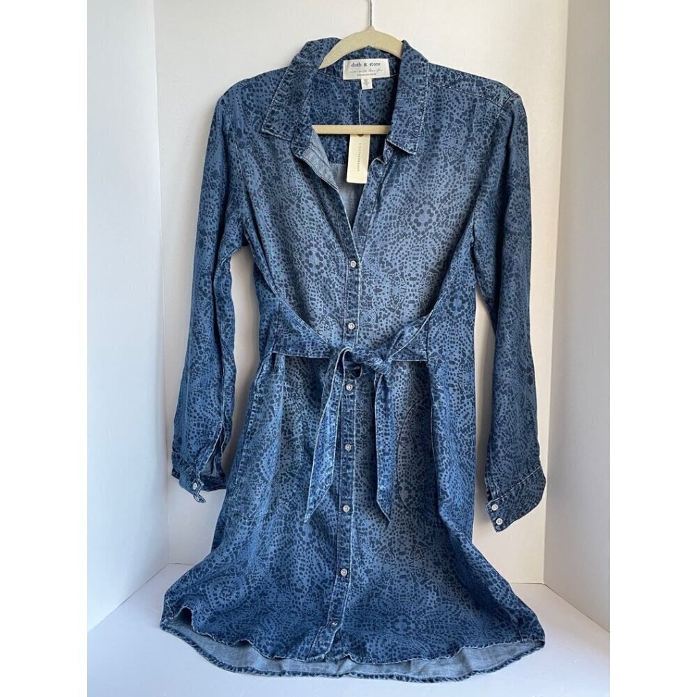 Anthropologie Tencel Shirt Dress Small Blue Belted V-Neck Long Sleeve Short
